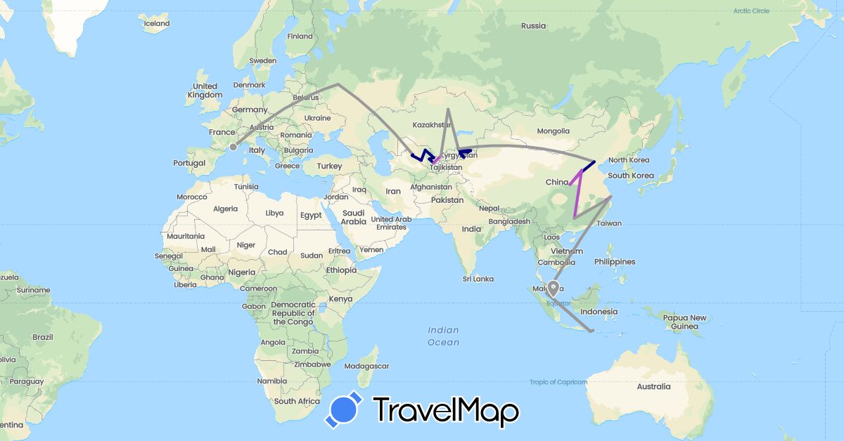 TravelMap itinerary: driving, plane, train in China, France, Indonesia, Kyrgyzstan, Kazakhstan, Malaysia, Russia, Singapore, Uzbekistan (Asia, Europe)