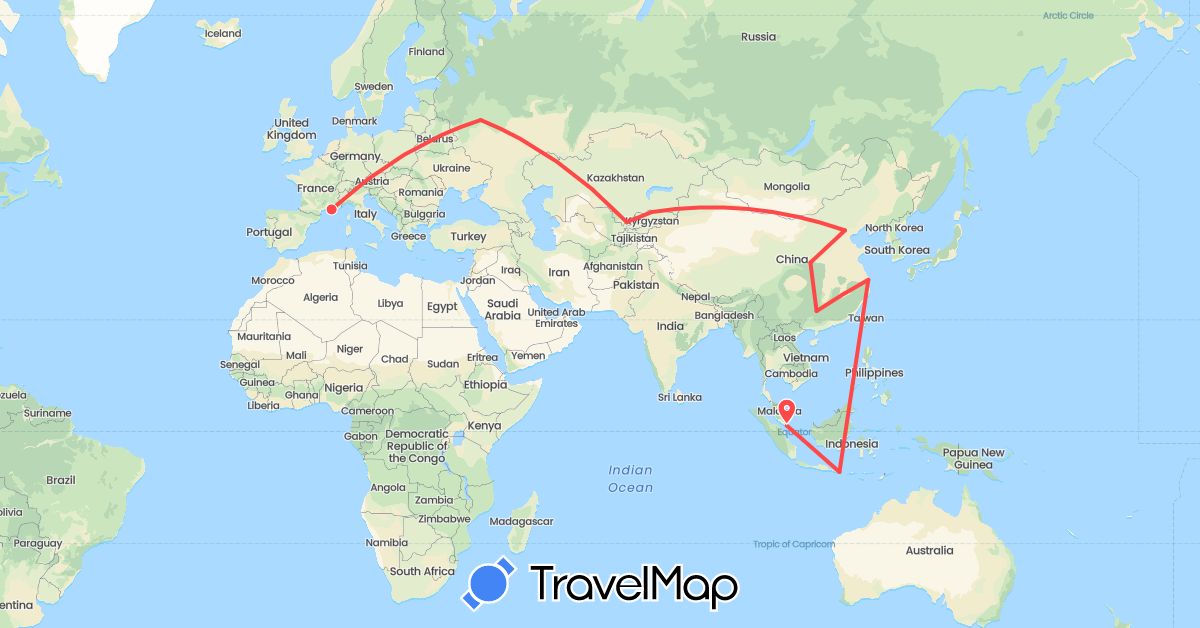 TravelMap itinerary: hiking in China, France, Indonesia, Kyrgyzstan, Russia, Singapore, Uzbekistan (Asia, Europe)